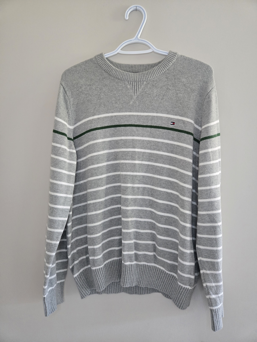 Tommy Hilfiger striped long sleeve crewneck, gray, white + green stripe, new